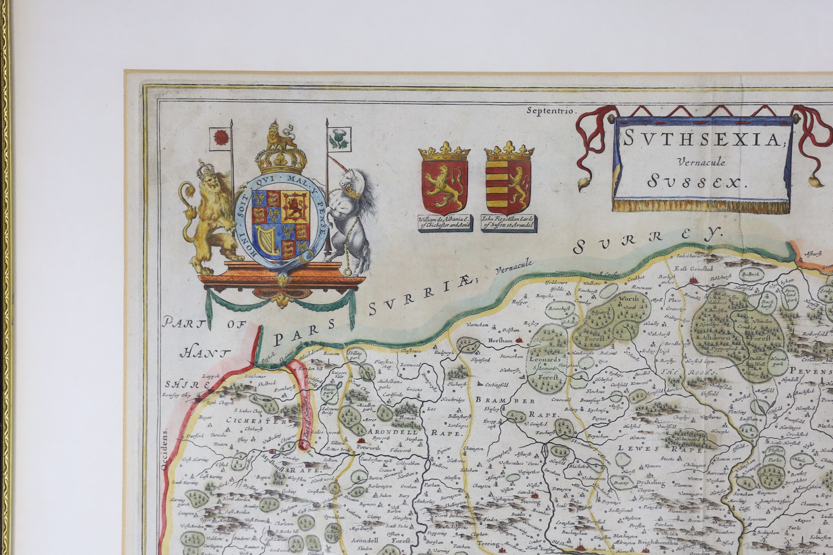 Jan Jansson, coloured engraving, Map of Suthsexia vernacule Sussex, Spanish text verso, 39 x 53cm